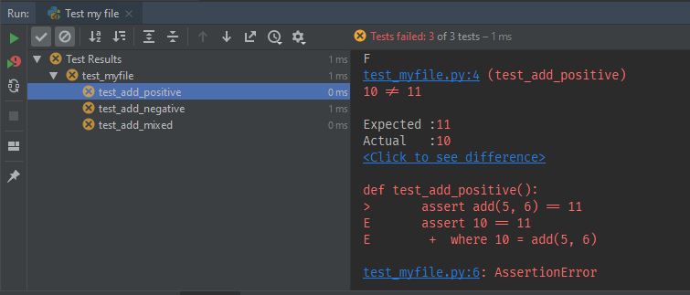 Screenshot of failing tests result